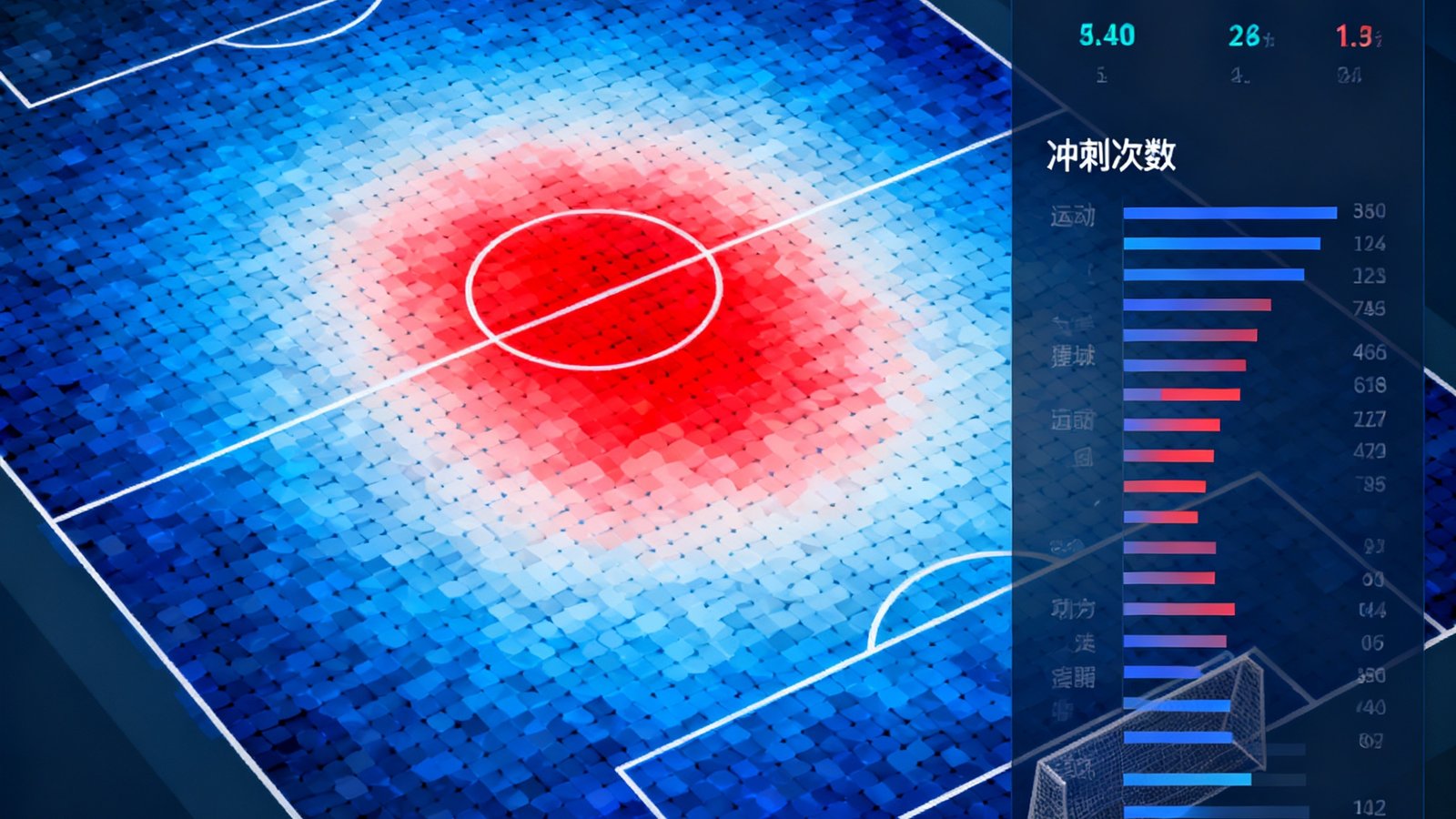 球员跑动热图分析界面，足球场平面图上覆盖着由蓝到红的渐变热力区域，红色集中在中场和禁区前沿，侧面面板显示跑动距离和冲刺次数等详细数据